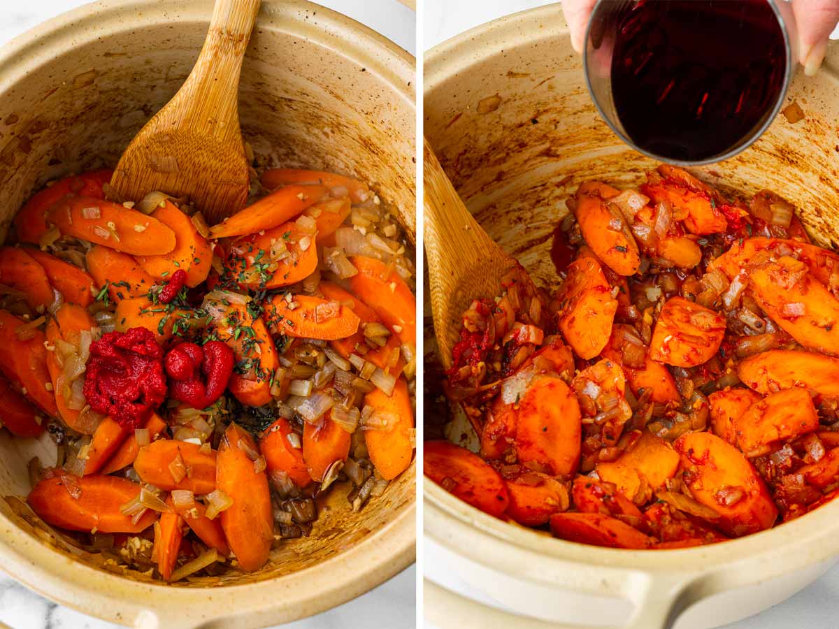 sauteing carrots and onions and adding flavor boosters and wine