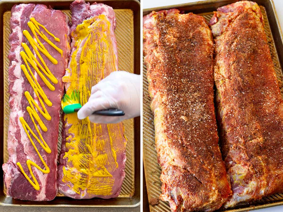 brushing baby back ribs with mustard and seasoning with the dry rub