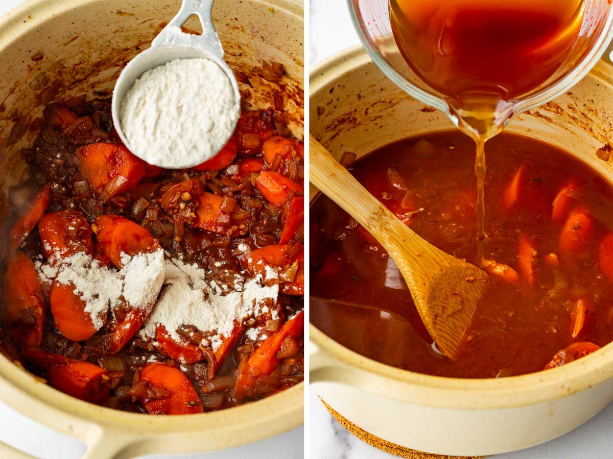 adding flour and beef broth to dissolve and thicken