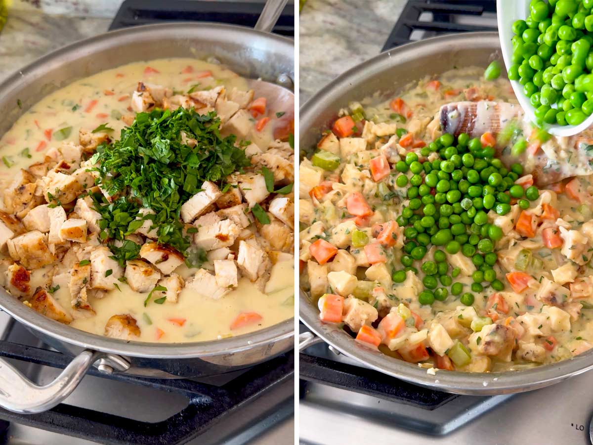 adding cooked chicken, herbs, and green peas into the pie filling