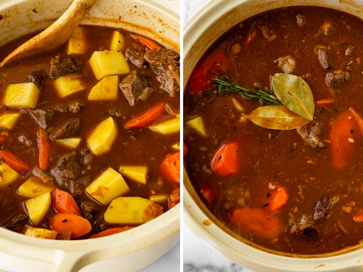 adding potatoes, seared beef, and herbs