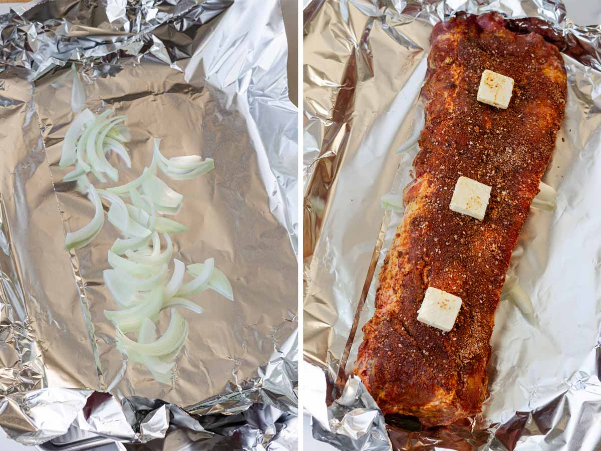 making a bed of onion on foil packets and placing the ribs on top with dollops of butter
