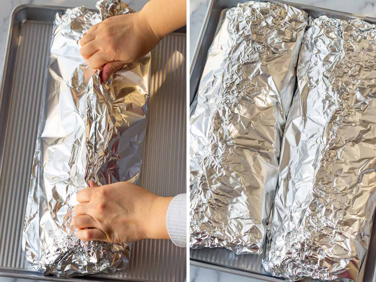 sealing the packets of ribs on a sheet pan