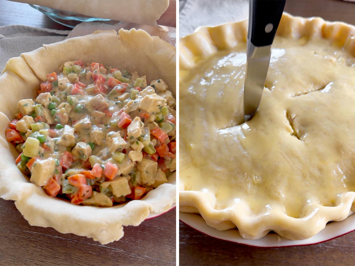 assembling the chicken pot pie with filling and egg wash