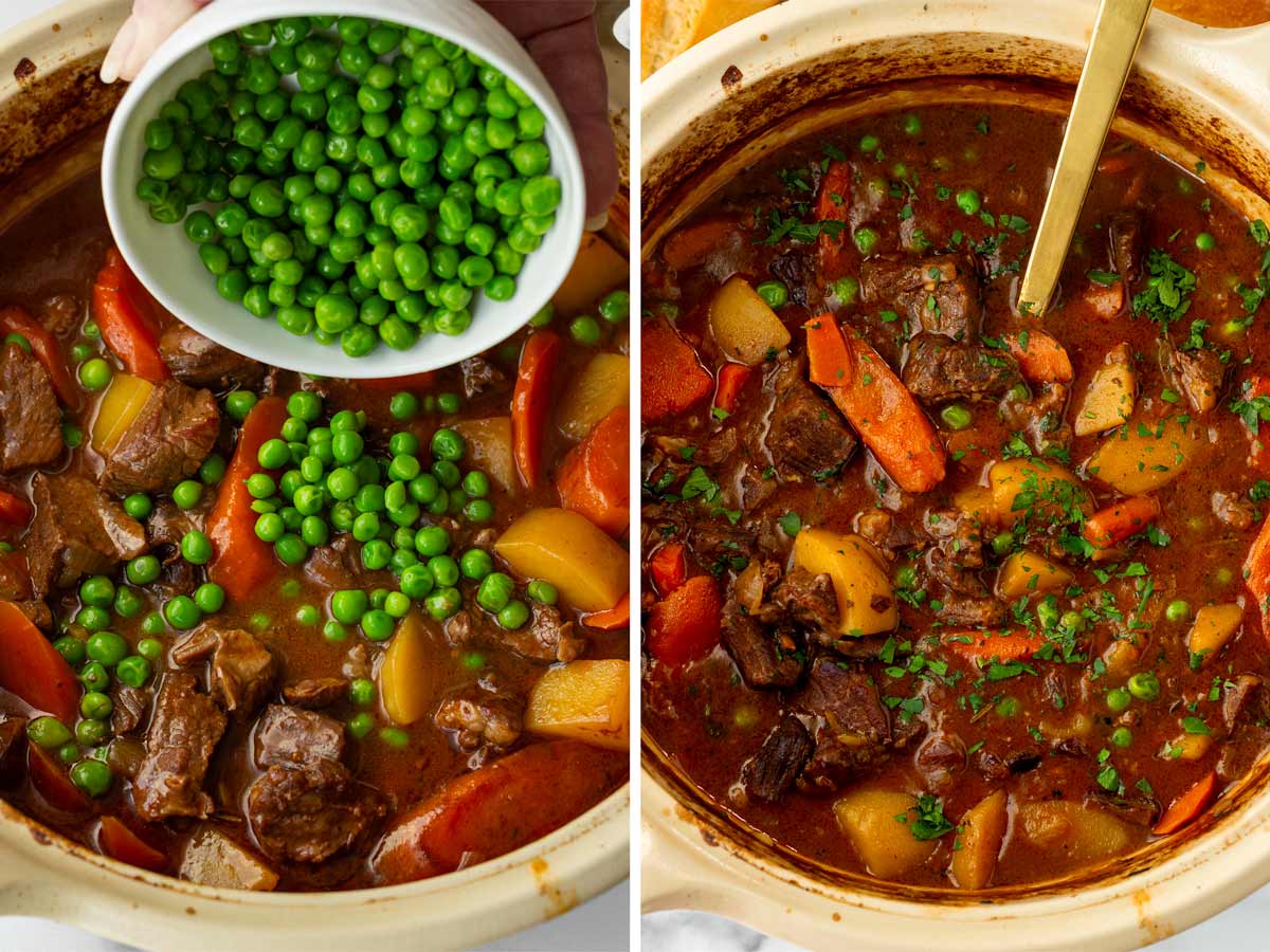 adding green peas and finished dutch oven beef stew with parsley garnish
