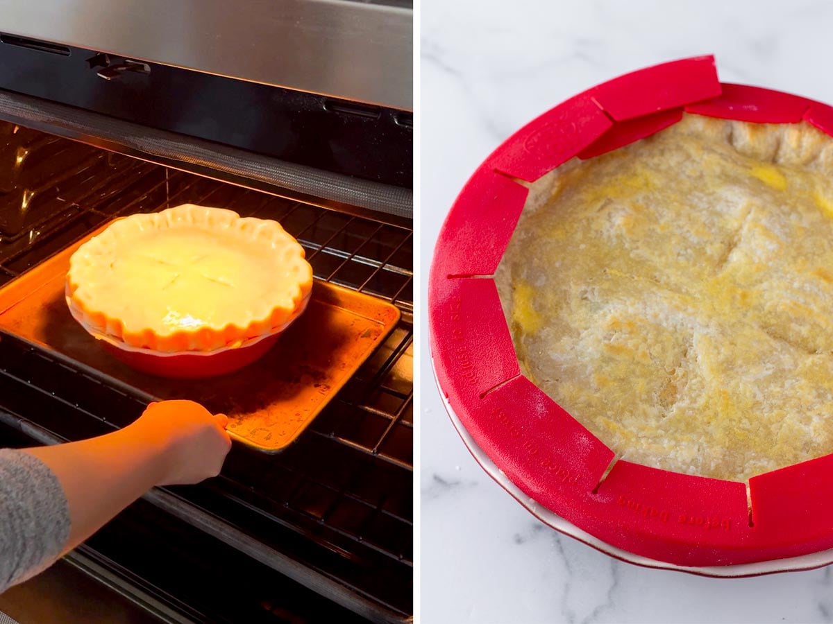 baking chicken pot pie on top of a sheet pan and with pie crust shield