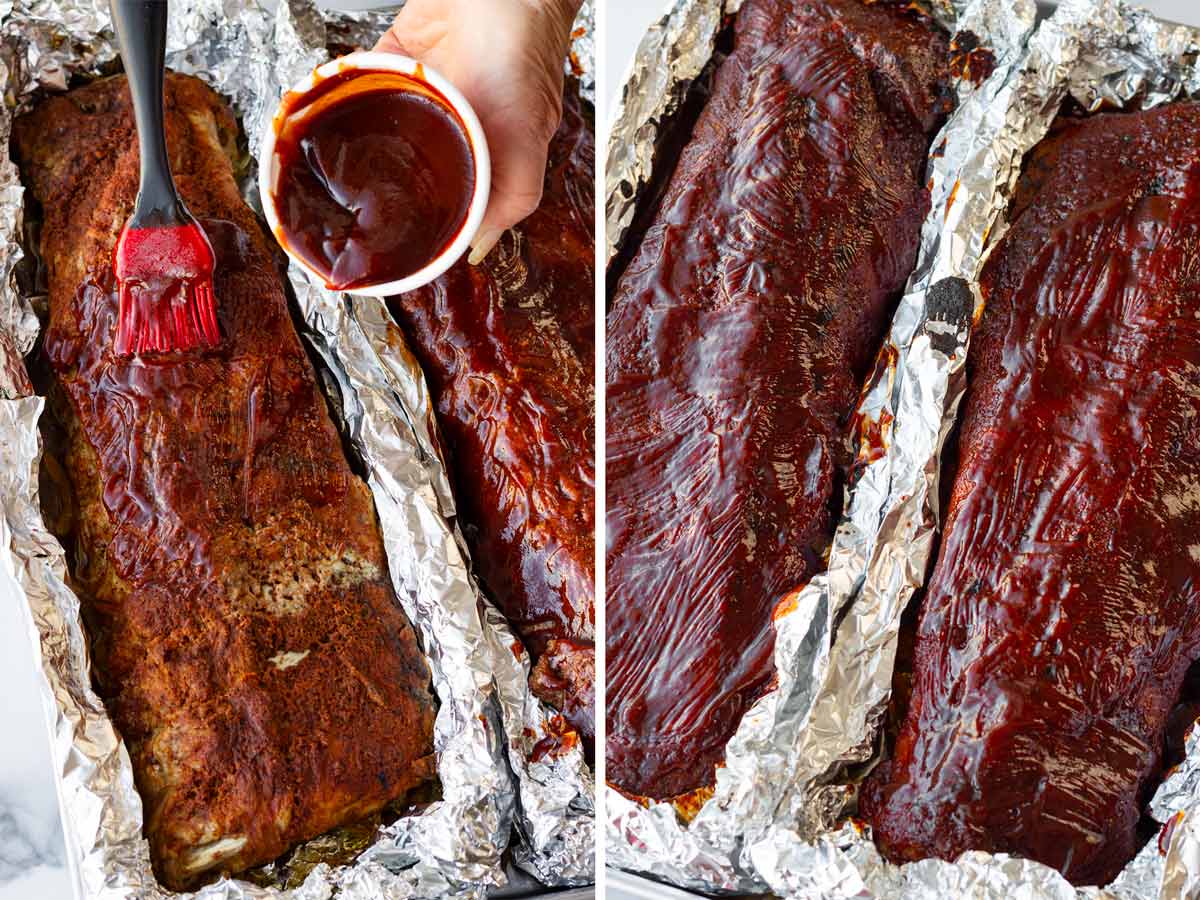 brushing the oven baked ribs with bbq sauce for the broiler