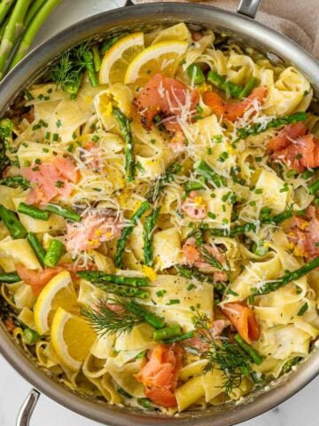 smoked salmon lemon pasta with asparagus, herbs, and dill