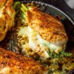 golden asparagus stuffed chicken breast with melted gouda cheese
