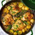 dutch oven braised chicken thighs with potatoes and leeks