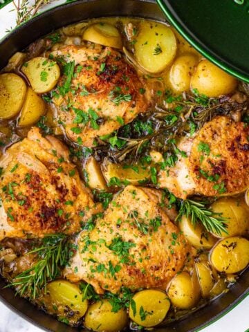 dutch oven braised chicken thighs with potatoes and leeks