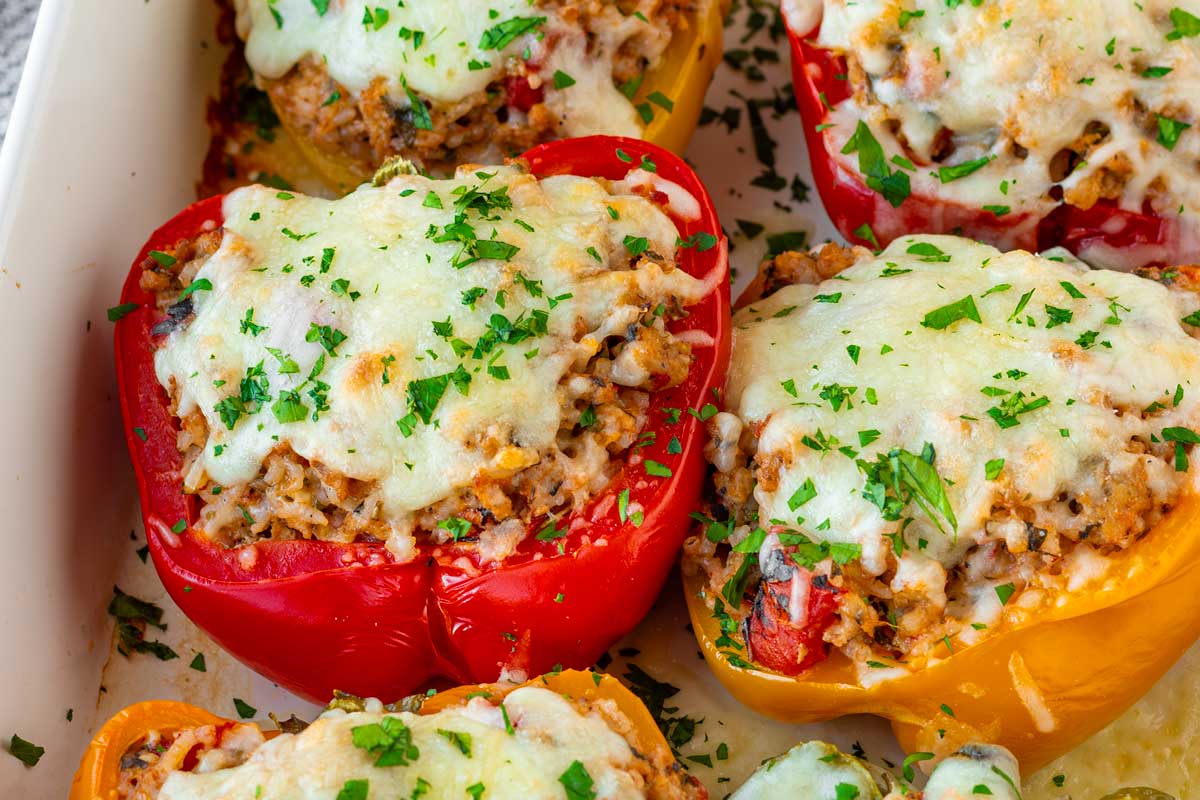 baked and cheesy turkey stuffed bell pepper