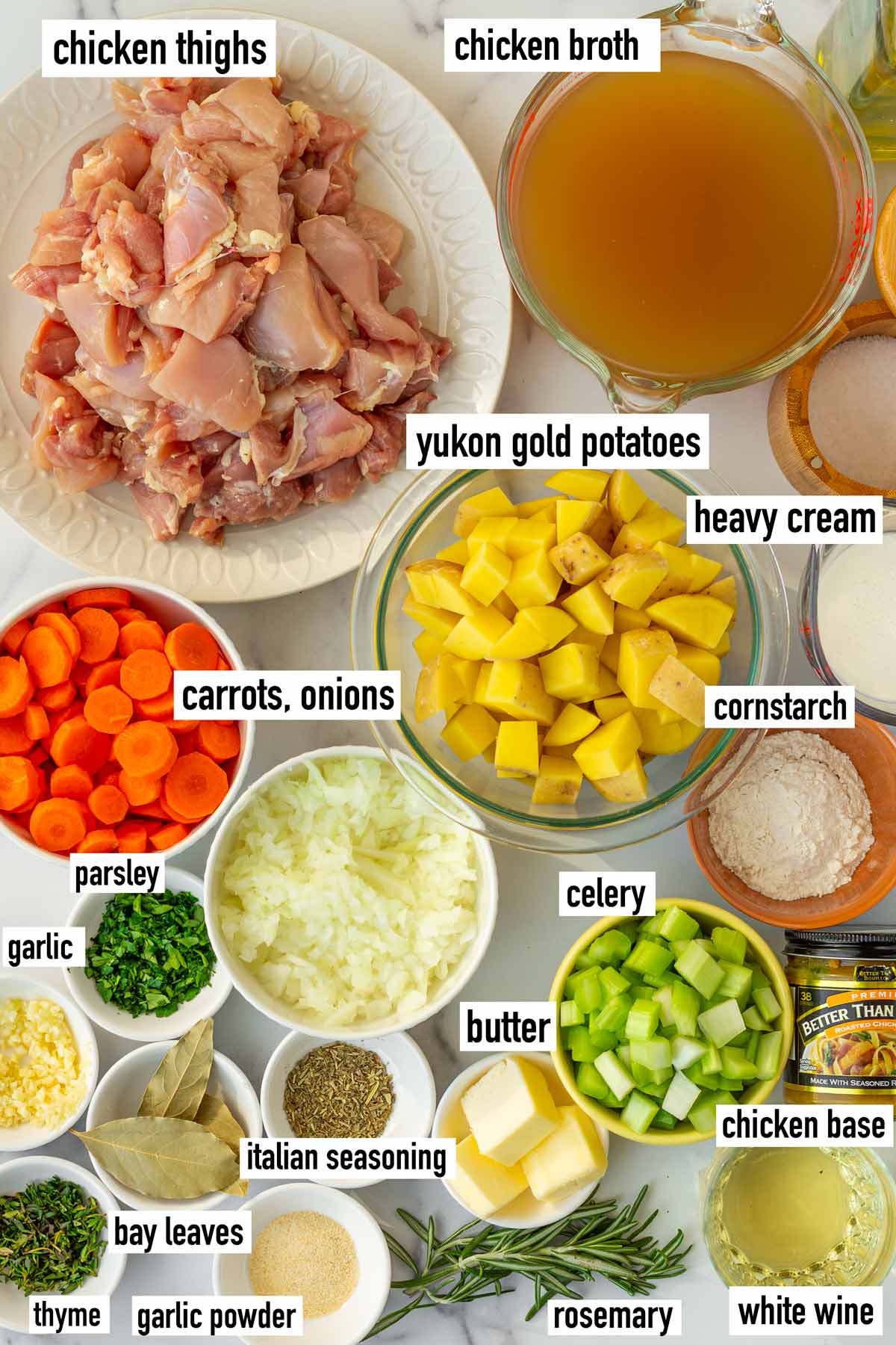 labeled ingredients to make chicken stew