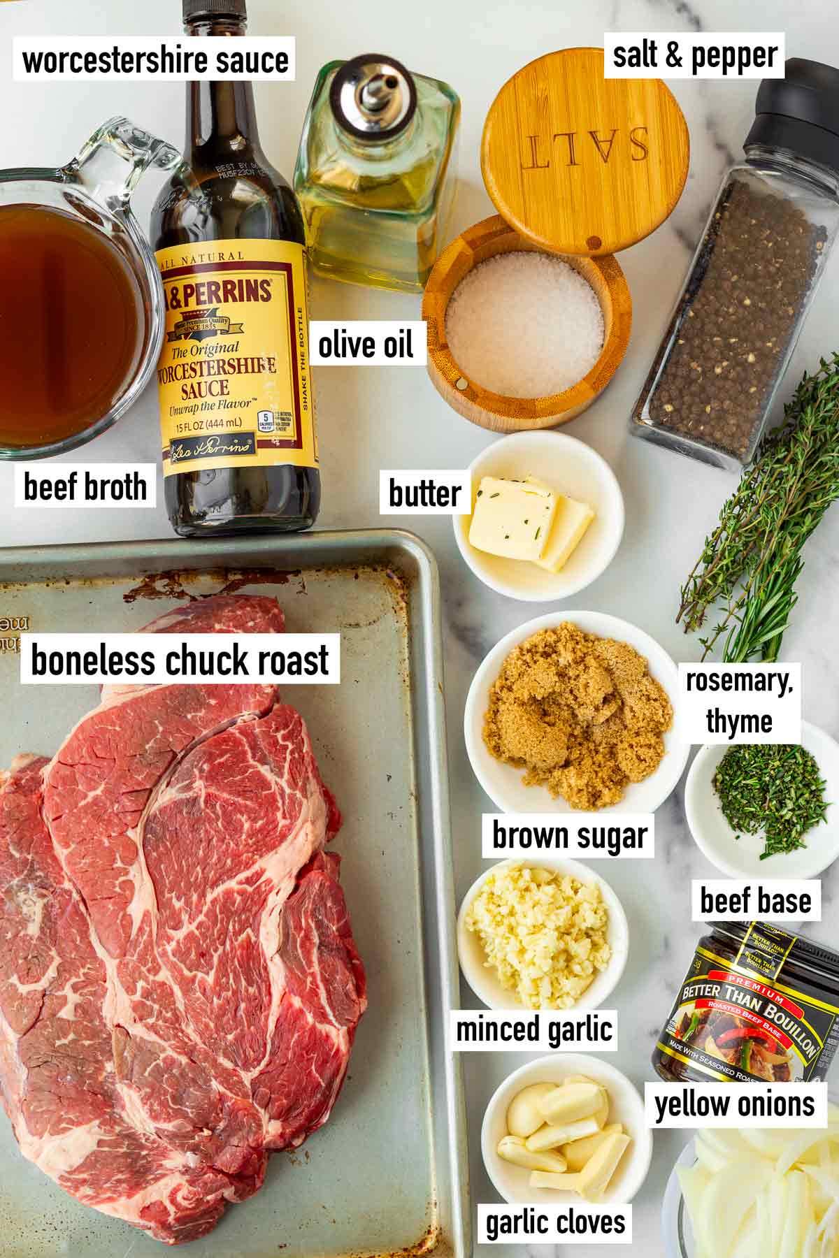 labeled ingredients for chuck roast recipe