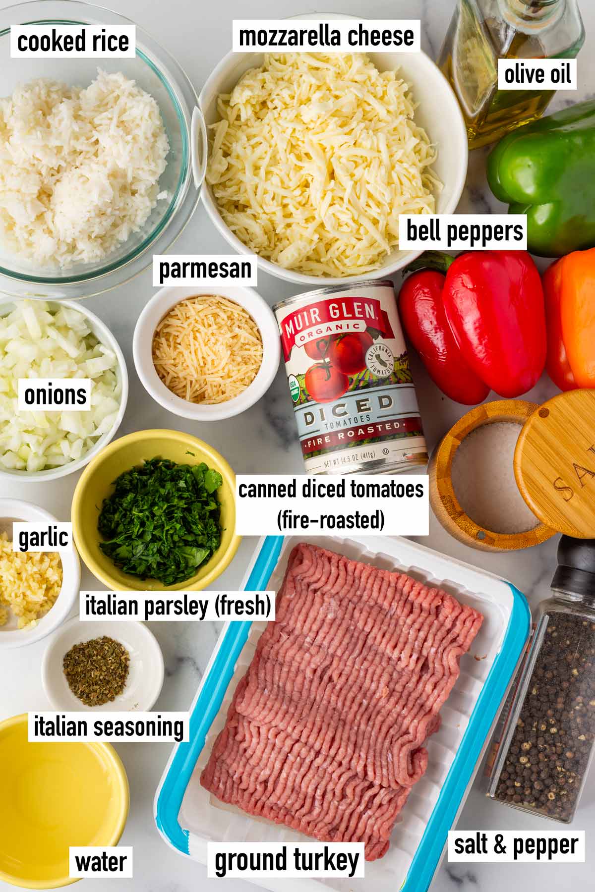labeled ingredients for turkey stuffed peppers recipe