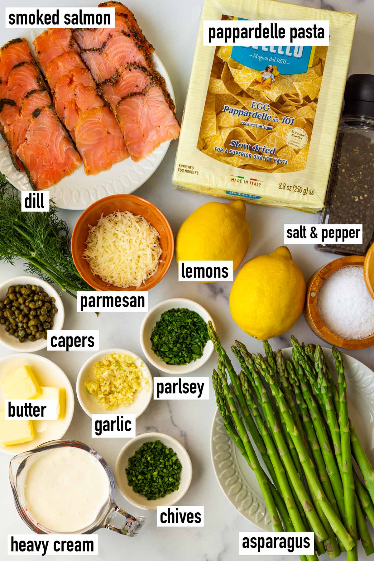 labeled ingredients for smoked salmon pasta