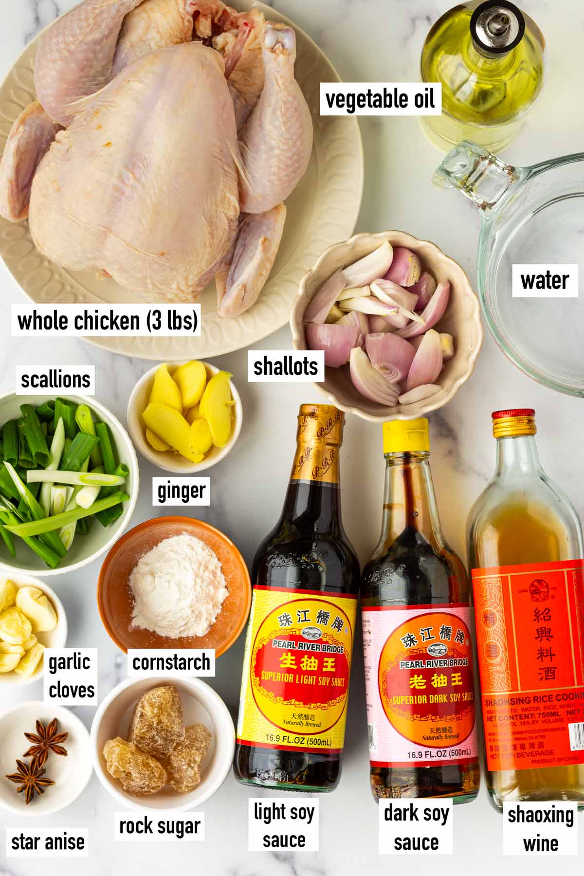 labeled ingredients for soy sauce chicken recipe