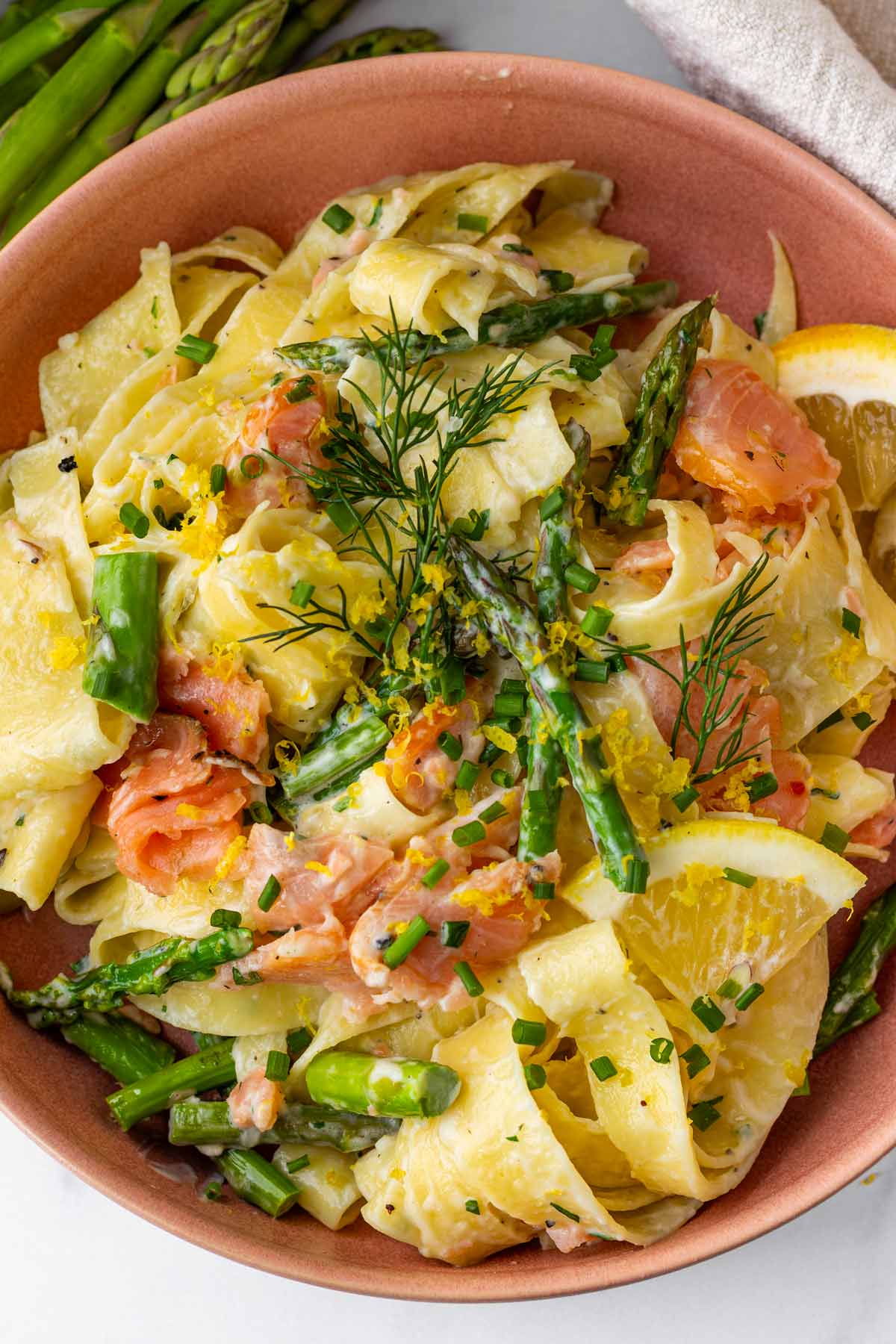 bowl with lemon smoked salmon pasta