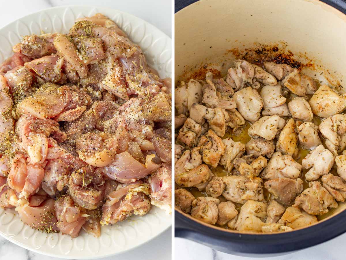 seasoning and searing cut up boneless chicken thighs