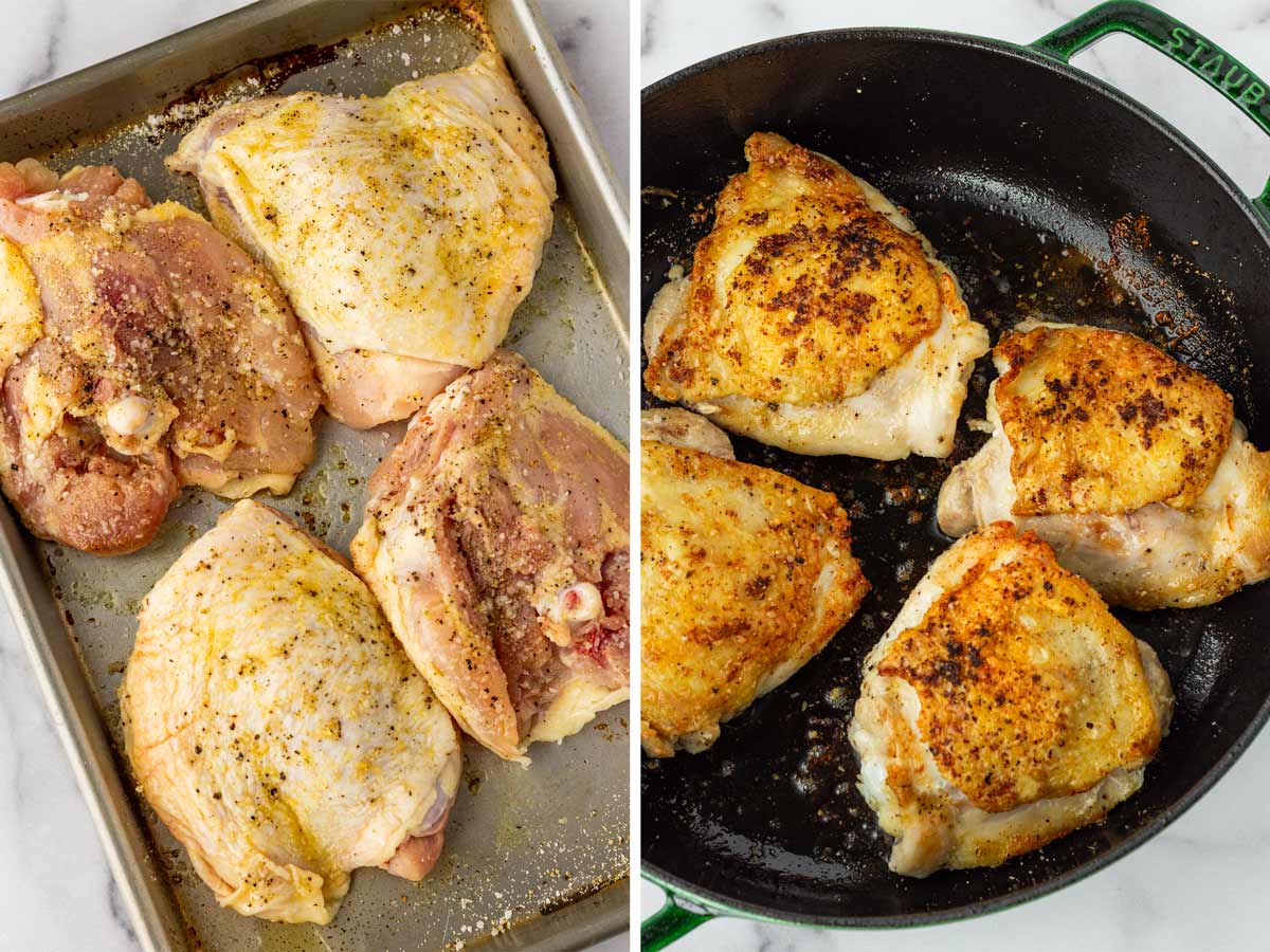 seasoned and seared chicken in green staub cast iron dutch oven braiser