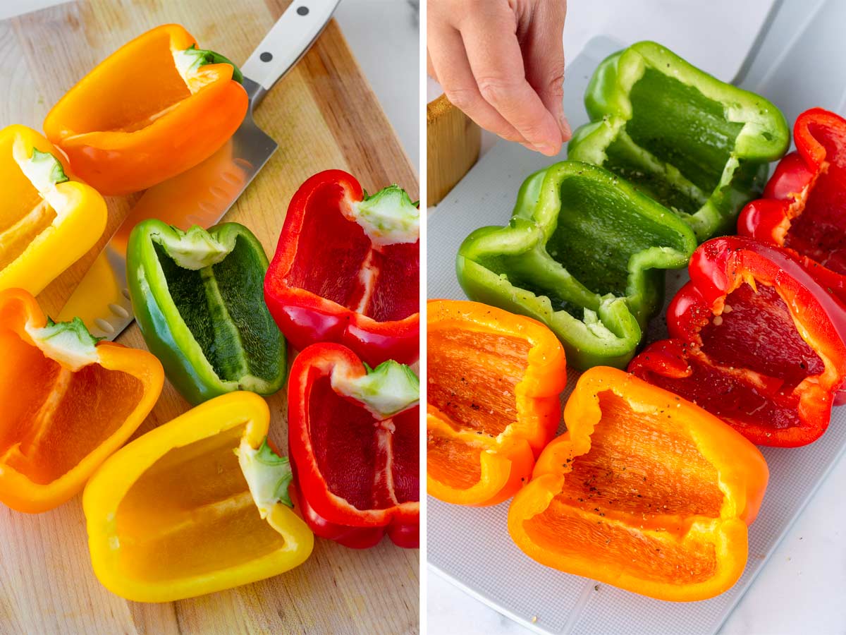 cutting and seasoning colorful bell peppers