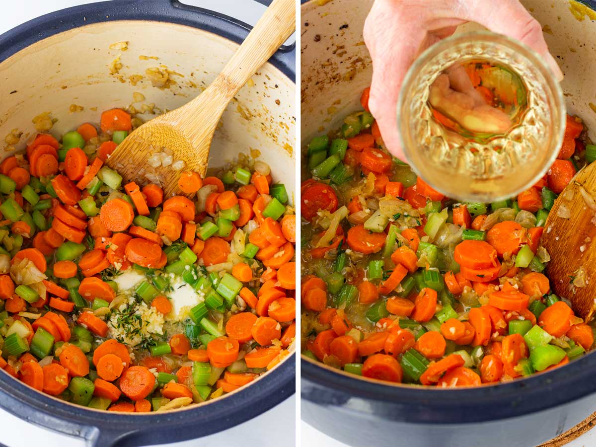 sauteing vegetables, aromatics, and deglazing with wine