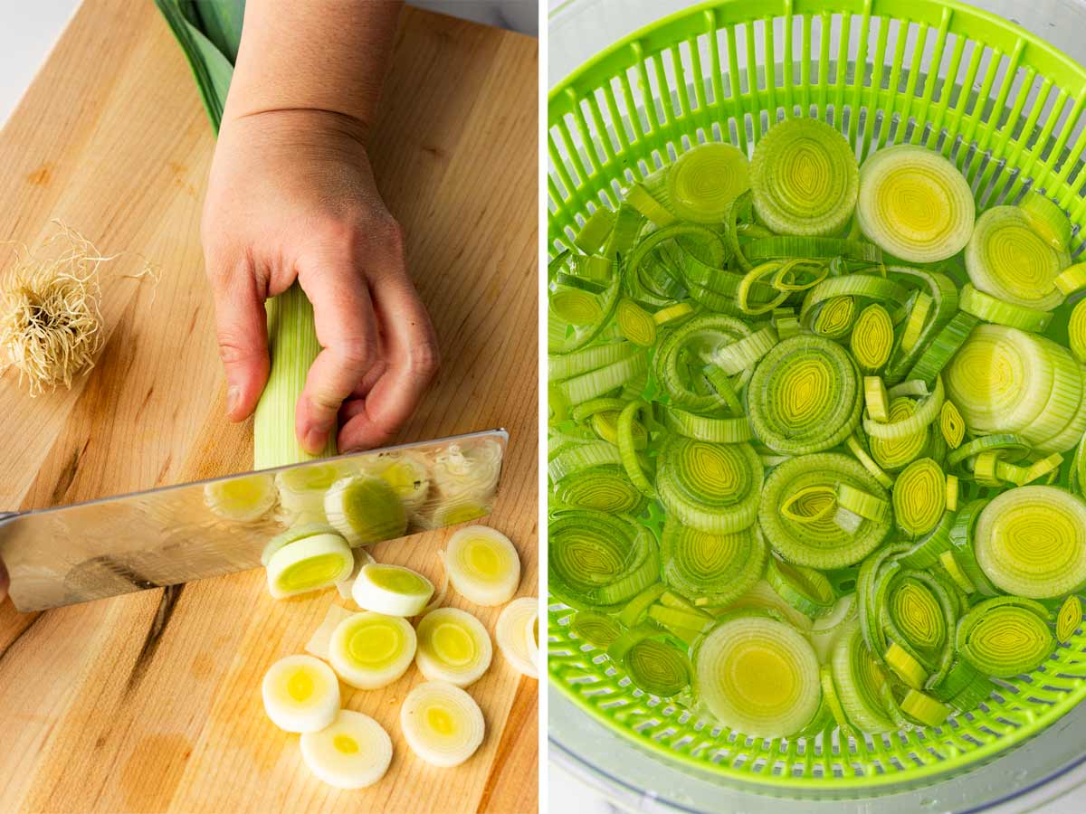 slicing and soaking leeks in water