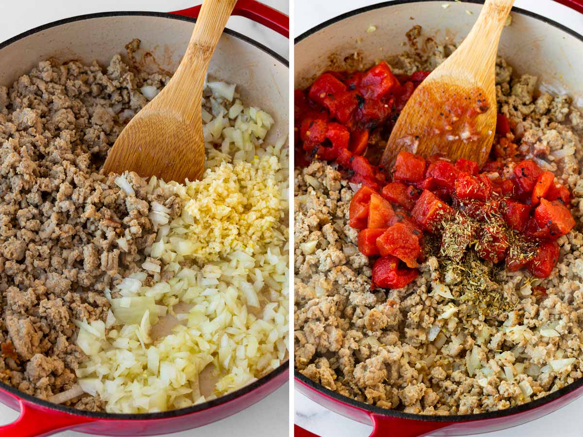 cooking ground turkey with onions, garlic, and diced tomatoes