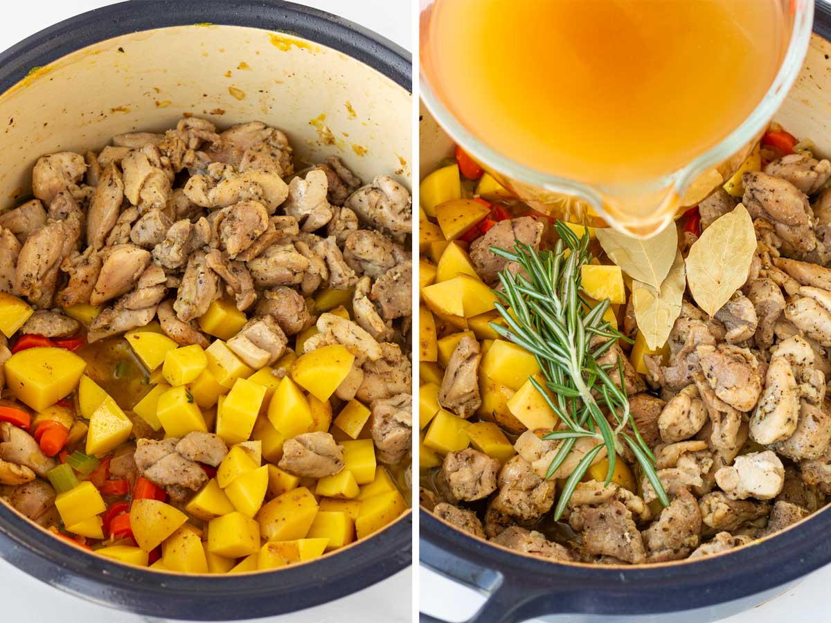 adding potatoes and chicken back into the pot with broth and herbs