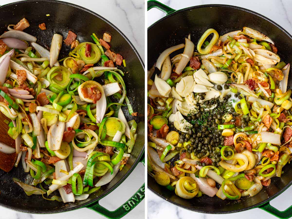sauteing leeks, bacon, and aromatics in braiser for dutch oven thighs thighs