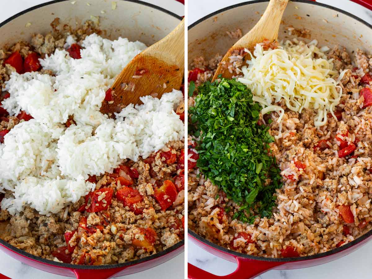 adding rice, fresh herbs, and cheese into the filling for peppers