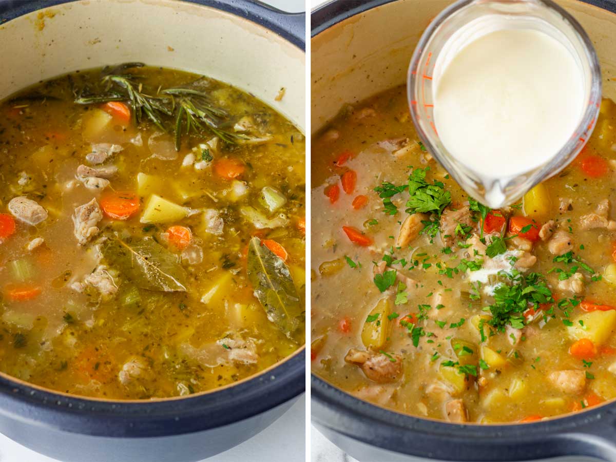 simmered chicken stew and thickening with cornstarch slurry and heavy cream