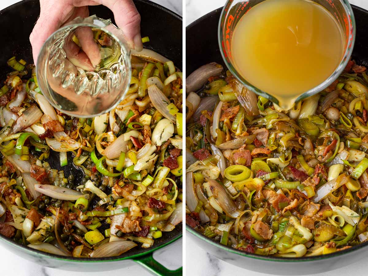 deglazing with wine and adding broth