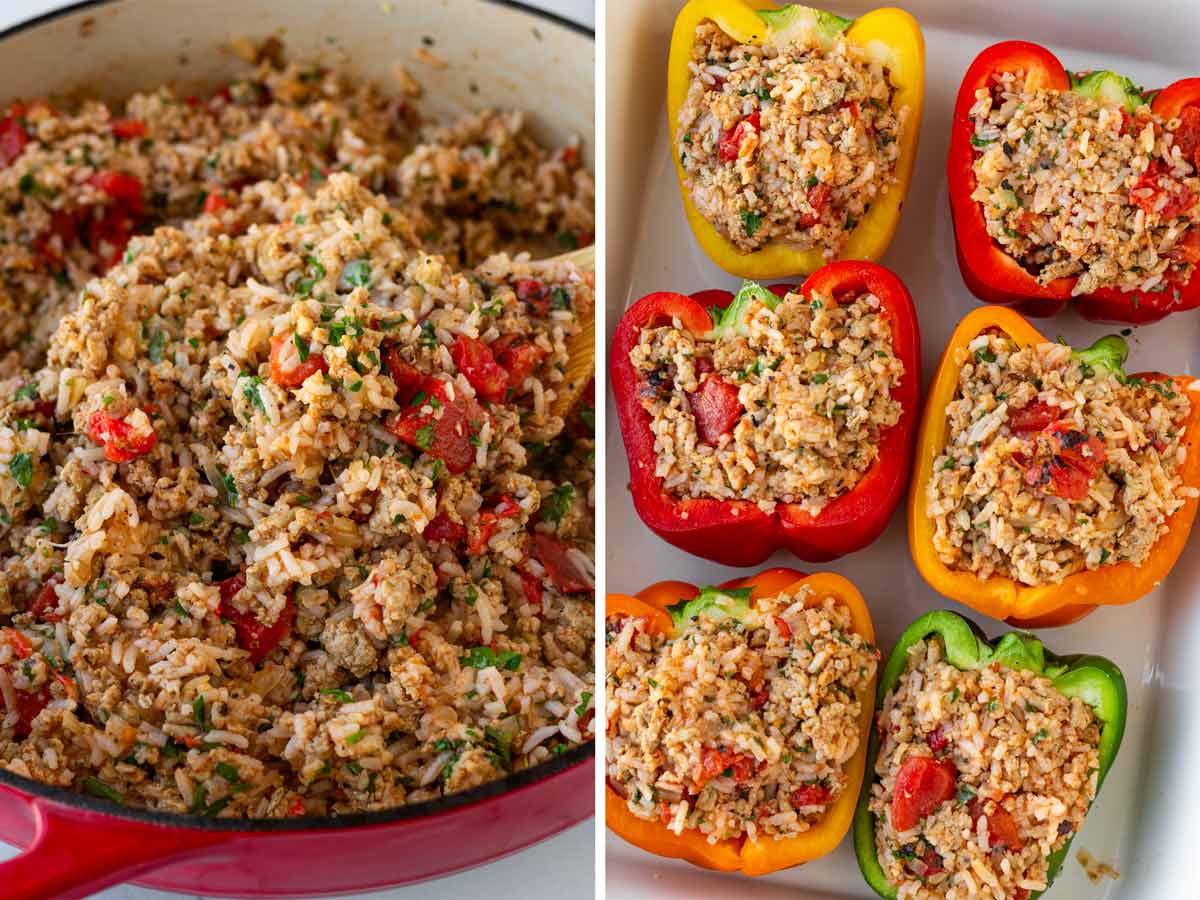 stuffing halved peppers with the rice and turkey filling