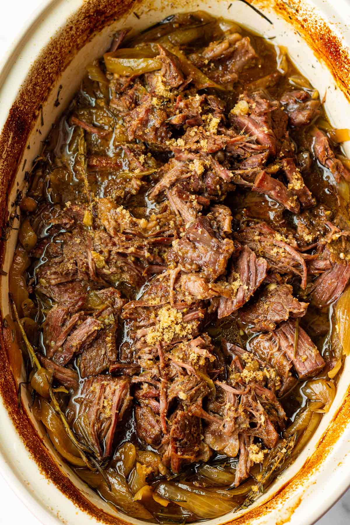 shredded beef sprinkled with brown sugar on top