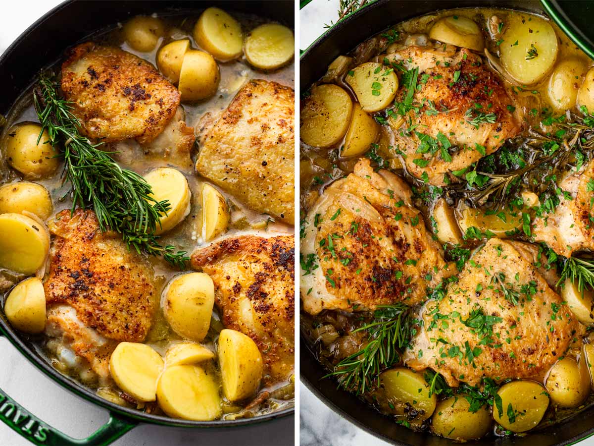 before and after cooking braised chicken in dutch oven