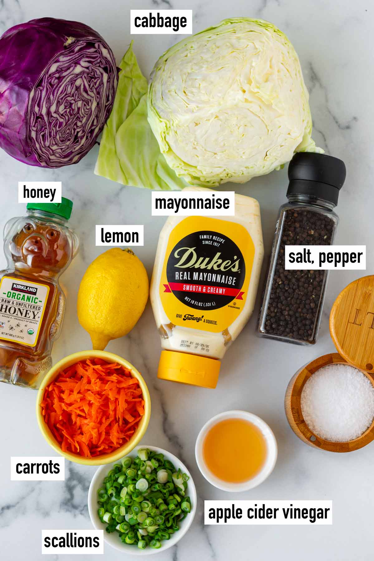 labeled ingredients to make a classic coleslaw