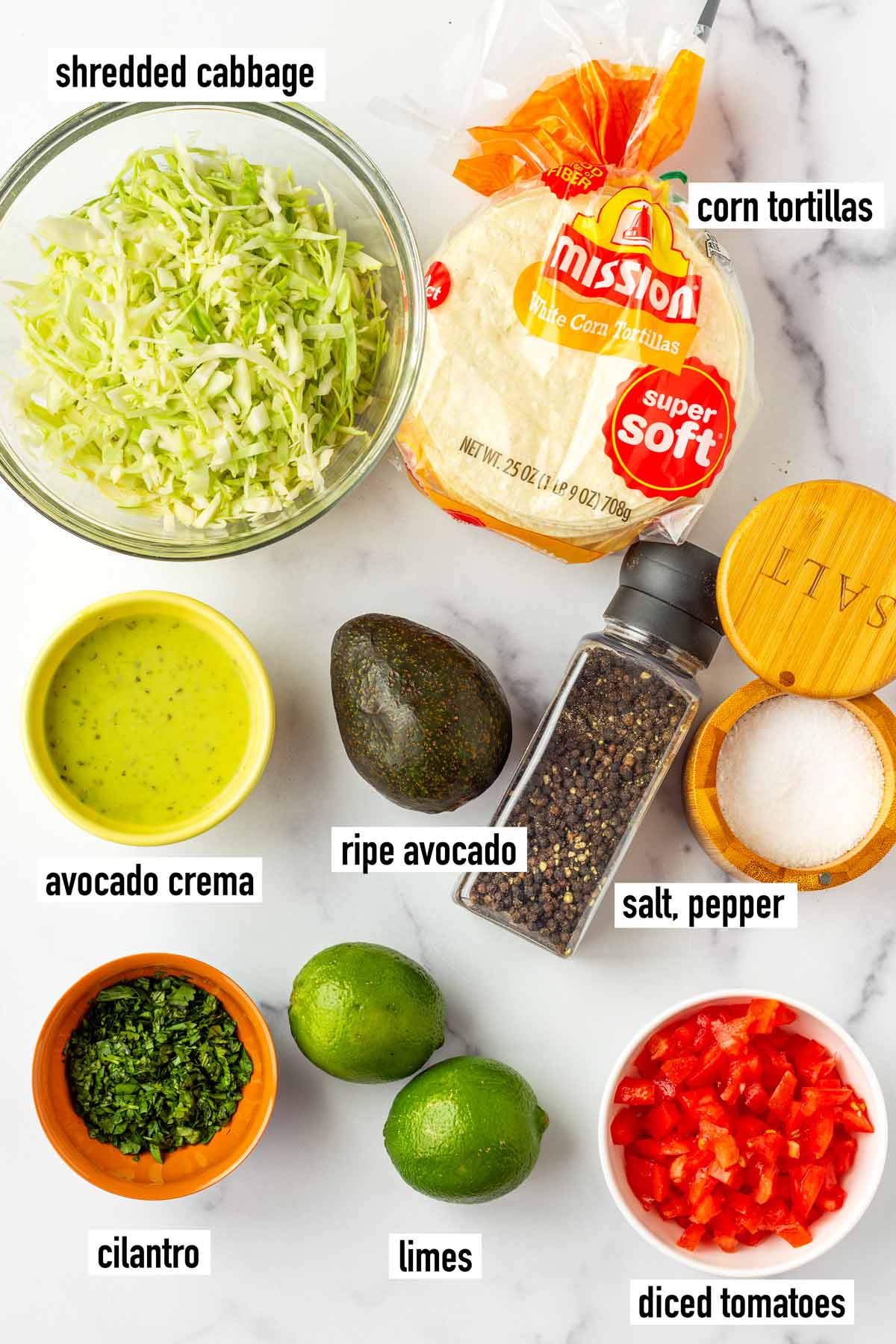 labeled ingredients for toppings and tortillas