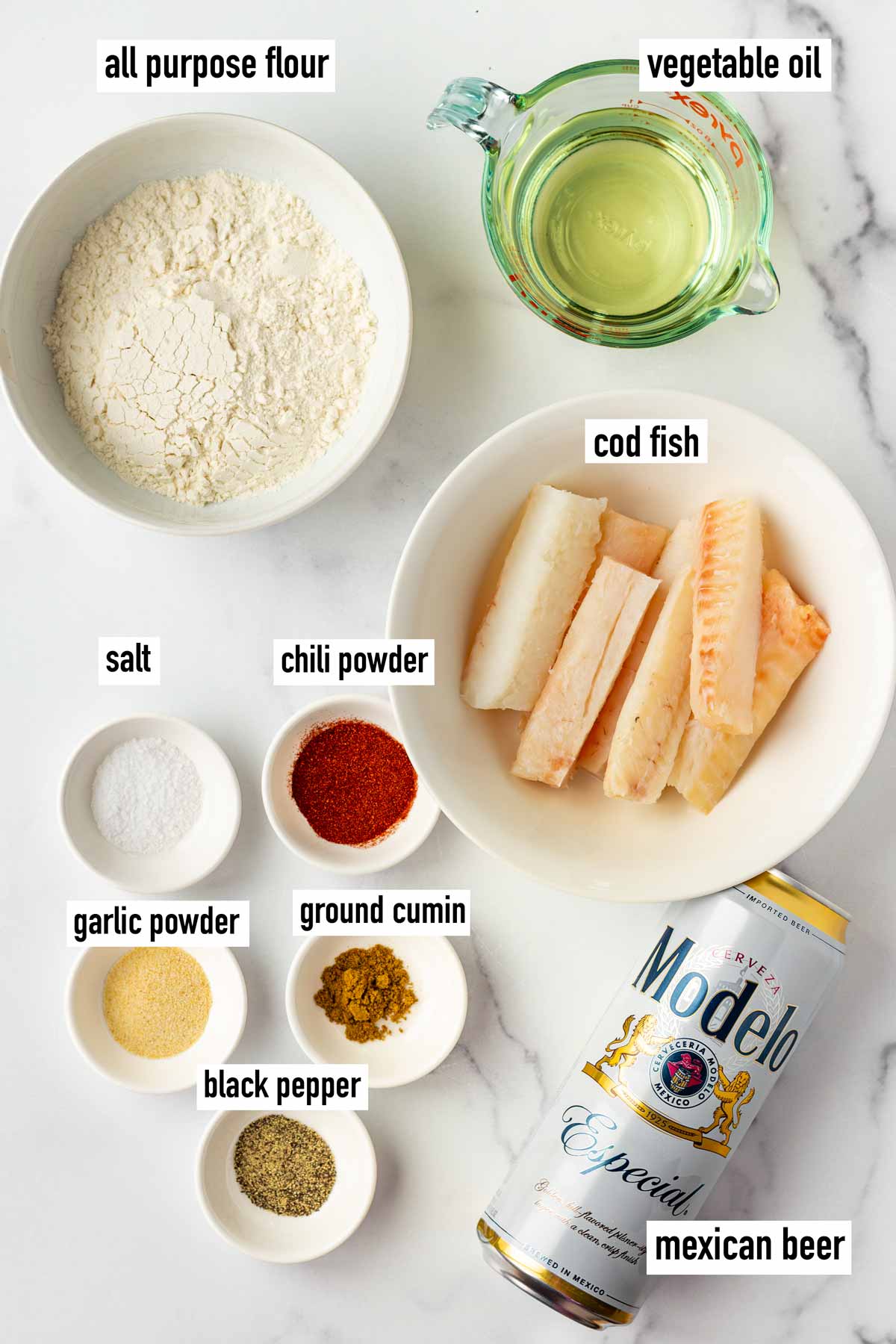 labeled ingredients for fish and batter