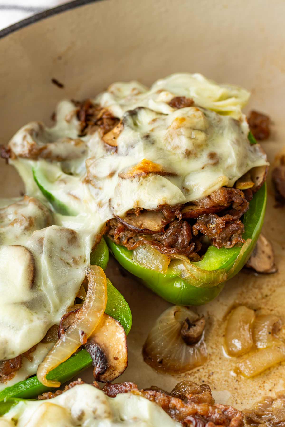 close up of Philly cheesesteak stuffed peppers