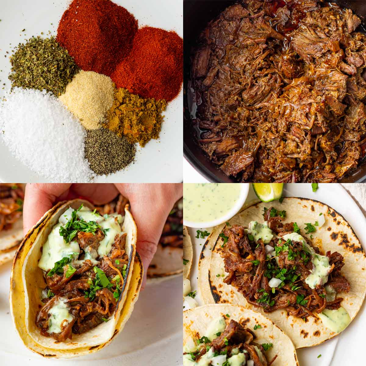 spices, cooked pulled beef, and assembled beef tacos