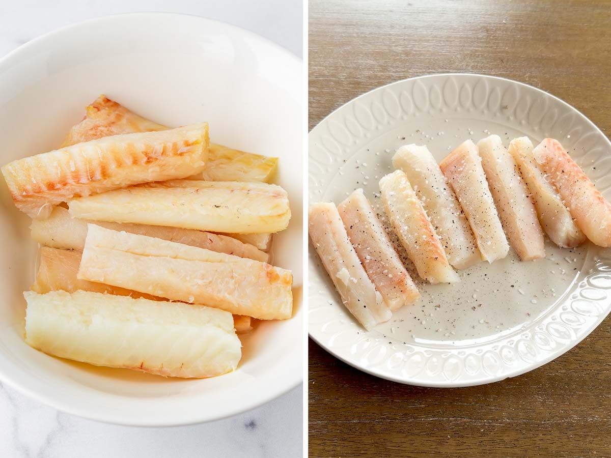 sticks of cod fish seasoned