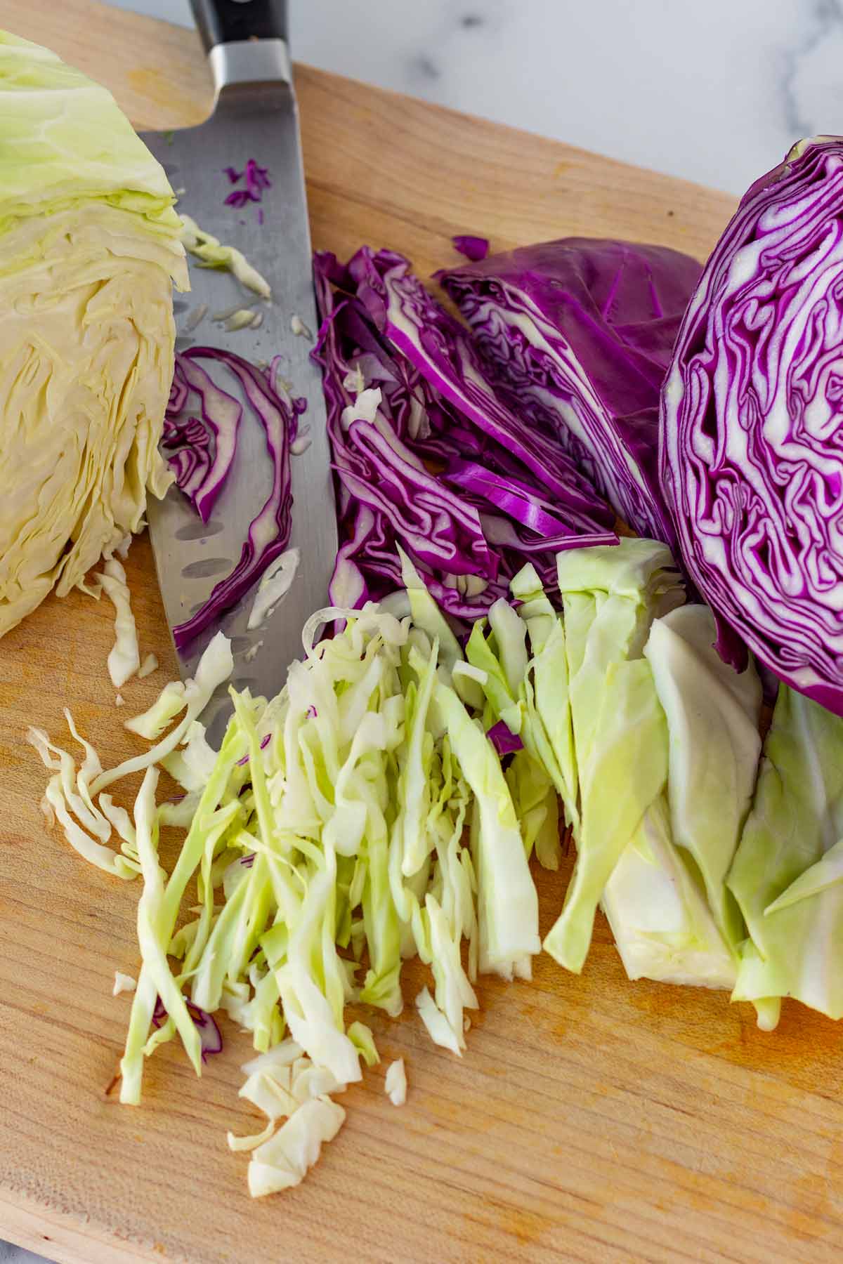 slicing cabbage with sharp knife