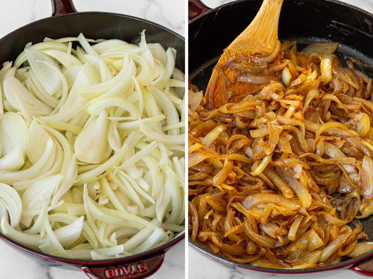 caramelizing yellow onions in skillet