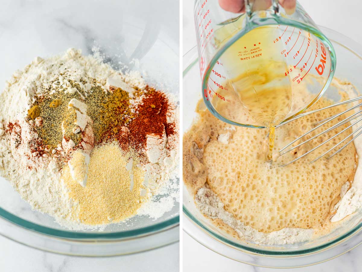 making the beer batter with flour, seasoning, and mexican beer