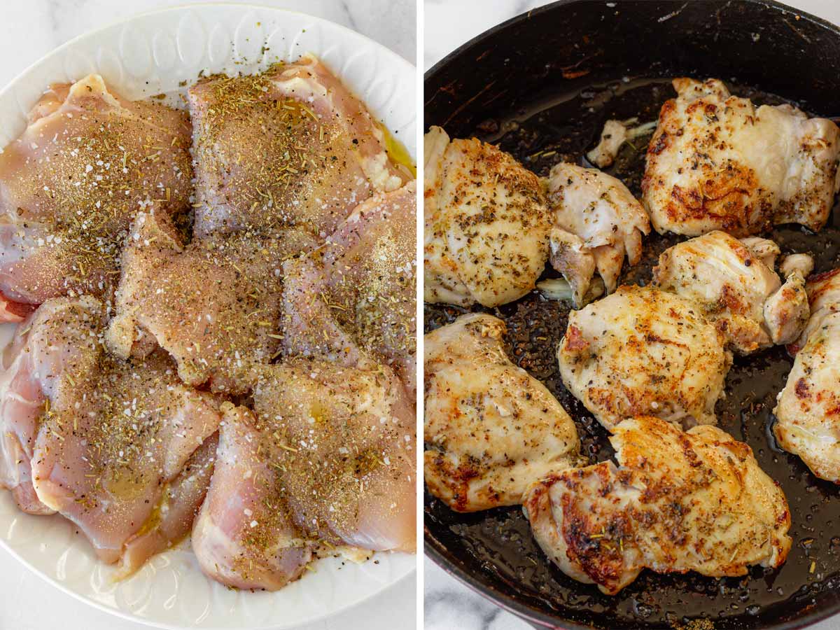 seasoning and searing chicken thighs in a cast iron skillet