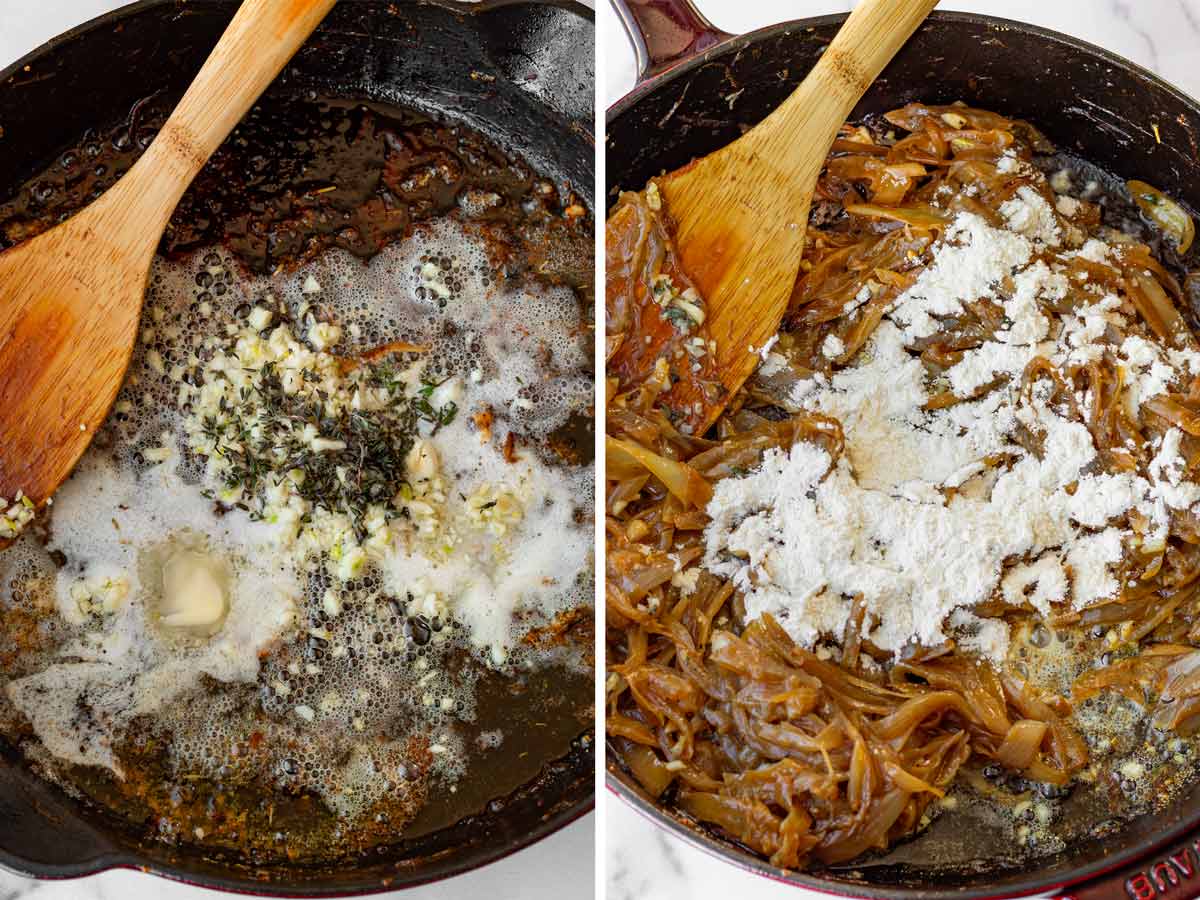 making the aromatic base for the french onion gravy and adding flour for thickening