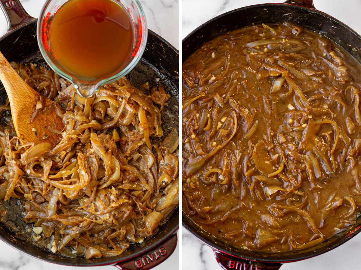 adding beef broth and simmering french onion sauce