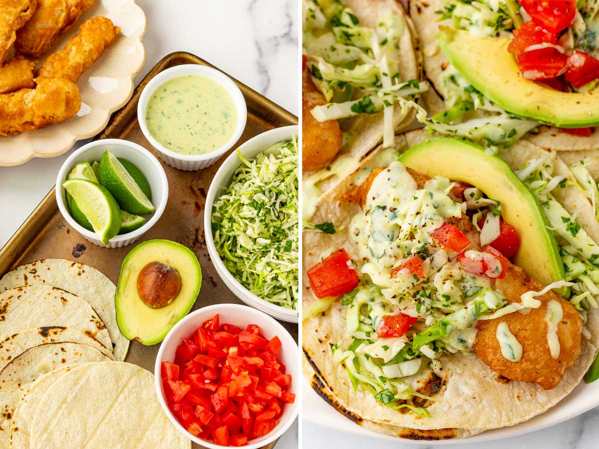 assembling baja fish tacos with toppings