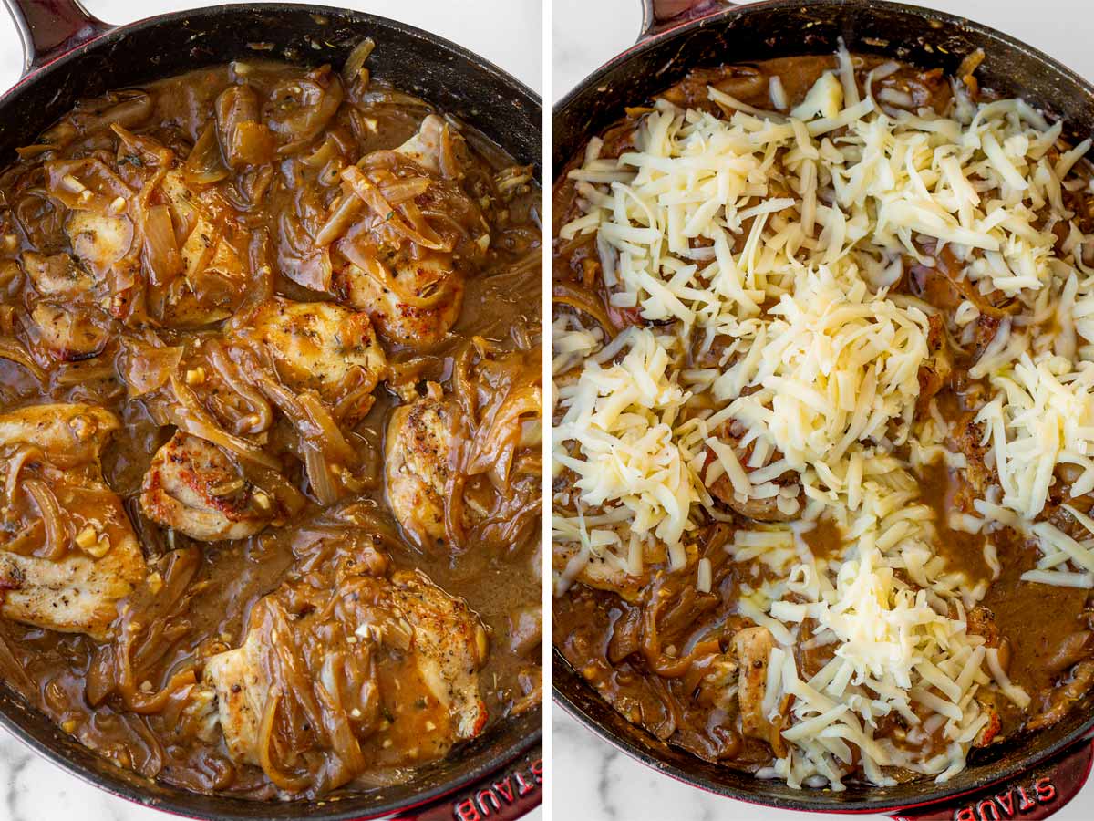 returning chicken to pan and shredded gruyere cheese on top